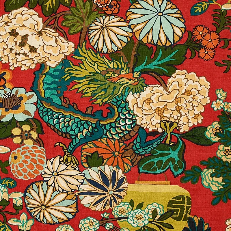 YD SCHUMACHER CHIANG MAI DRAGON JEWEL TONES ON Lacquer RED LINEN