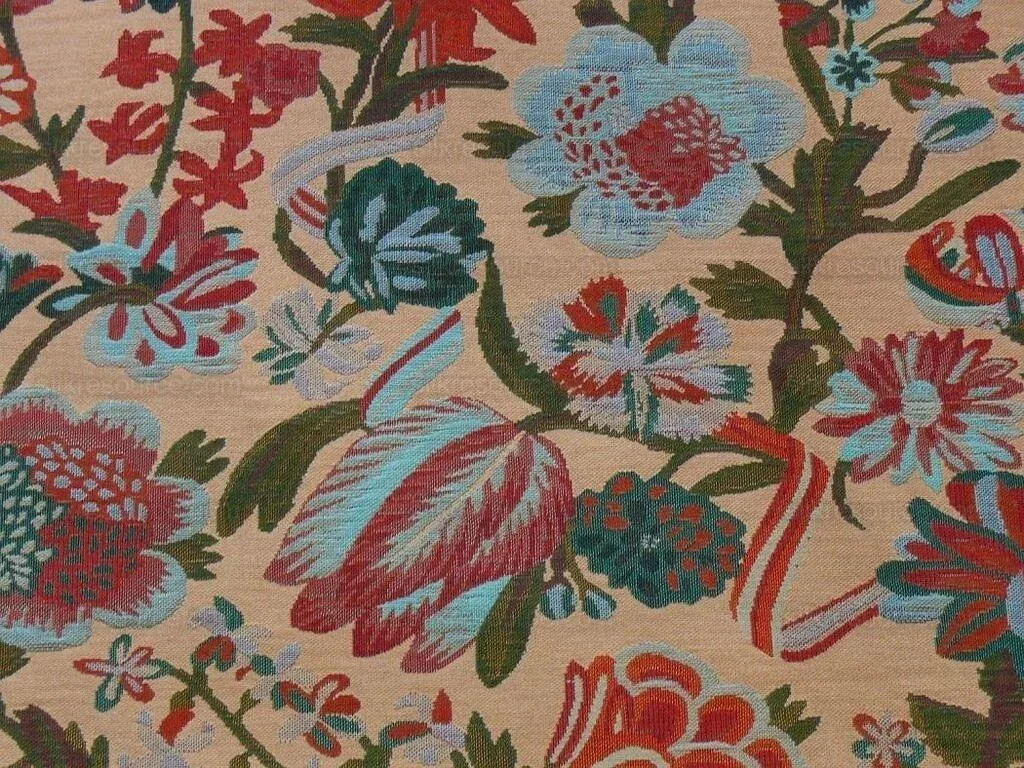 BRUNSCHWIG & FILS ELDORADO SILK LAMPAS Taupe RED FLOWER &RIBBO
