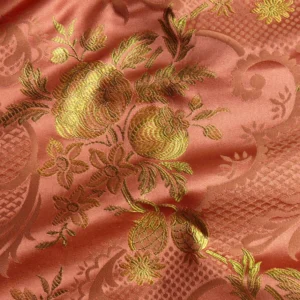 Calico Pom Lampas Mandarin Hiend Pom Rose Lace 100% Silk Lampas "mandarine" Red Crimson Gold French MSRP USD 200+/Y